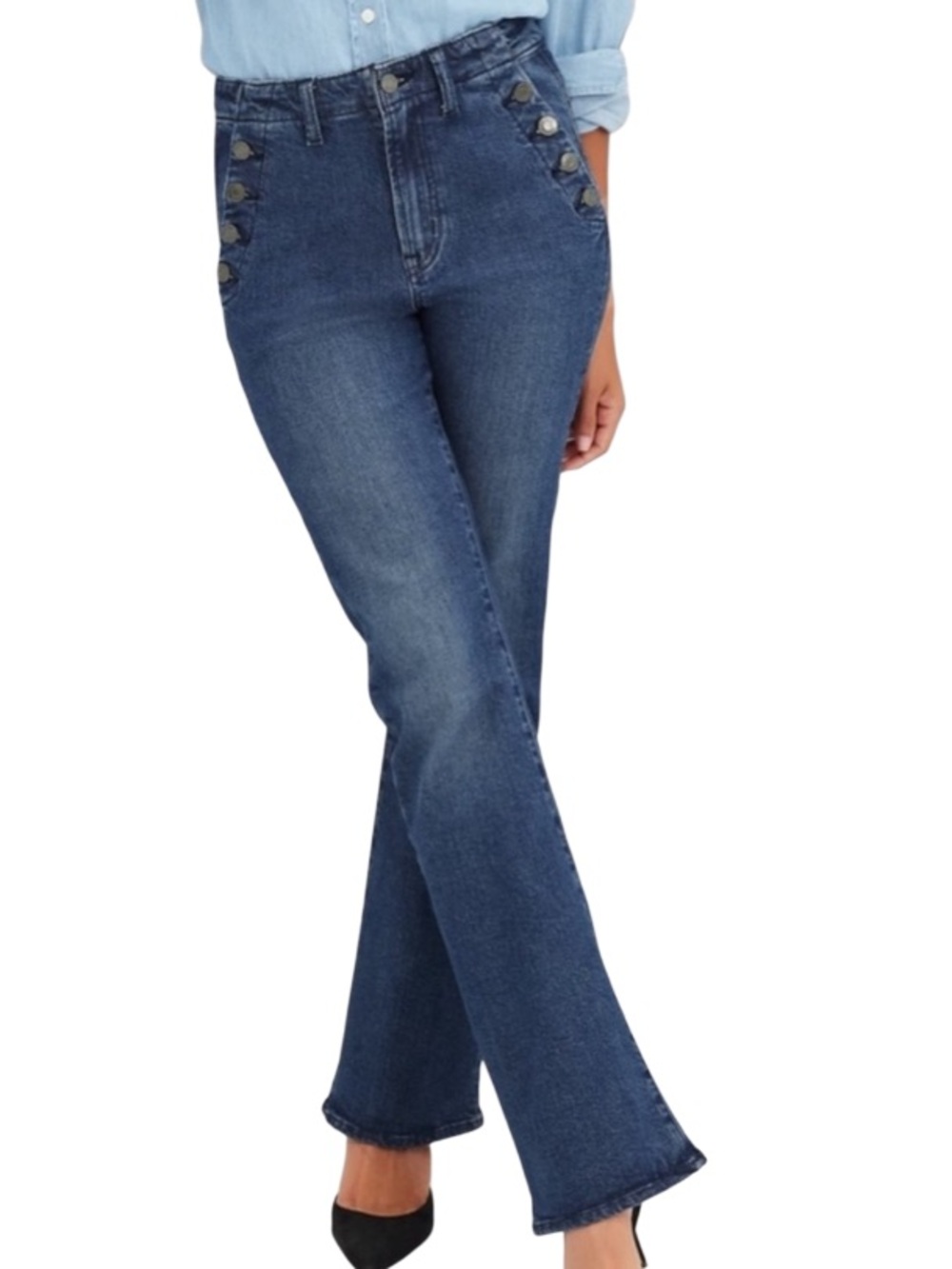 GAP Dark Blue ‘70’s Flare Jeans with Side Button Detail. Size 14/32 R. Stretch